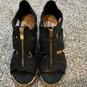 Black Zip Up Wedge Heel Sandals